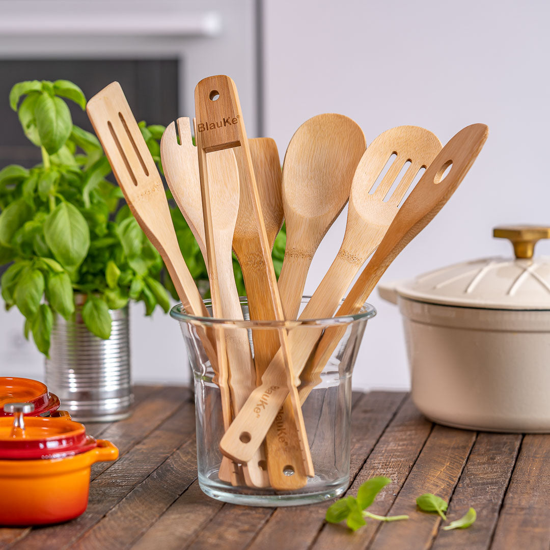 Wooden Spoons for Cooking 7-Pack - Bamboo Kitchen Utensils Set - Castle Anna